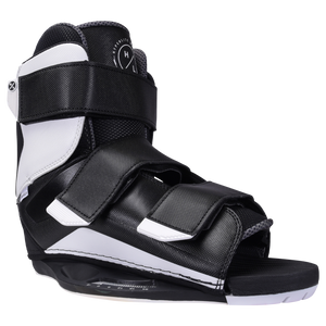 Black & white wakeboard boot with adjustable Formula Binding straps.