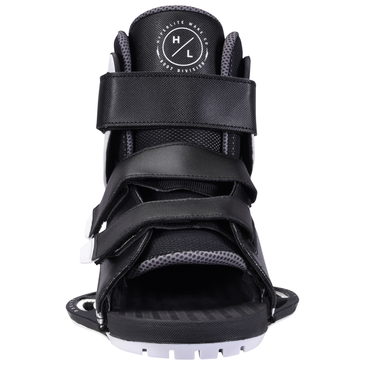 Formula Binding: Black/gray sports shoe with straps, open toe; great for wakeboarding.
