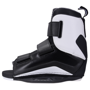Formula Binding: black/white wakeboard boot, side view, straps & universal mounting.