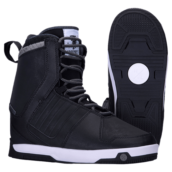 Freepress Boot 2024: Black snowboard boots with white soles, laces, and an internal ankle harness.