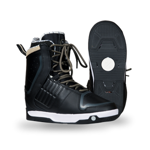 Side and base views of the black Freepress Boot with tan-flecked laces, a tan heel collar, and black tread.