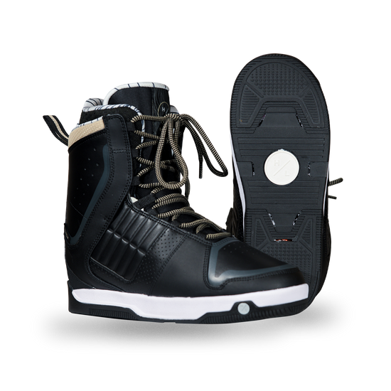 Side and base views of the black Freepress Boot with tan-flecked laces, a tan heel collar, and black tread.