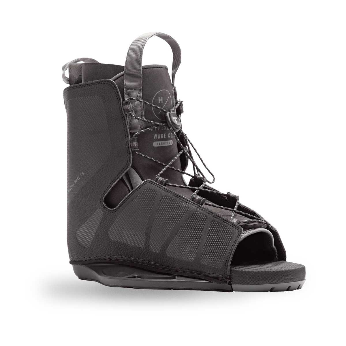 Angled view of the black Frequency Binding with gray pull loops, crosshatch panels, and an open toe.