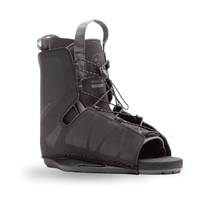 Angled view of the black Frequency Binding with gray pull loops, crosshatch panels, and an open toe.