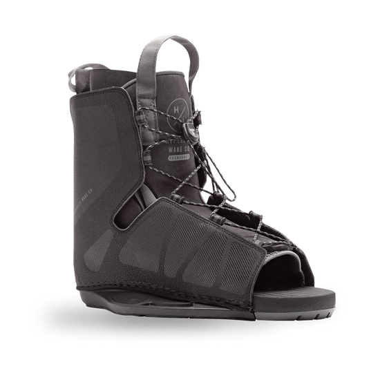 Angled view of the black Frequency Binding with gray pull loops, crosshatch panels, and an open toe.