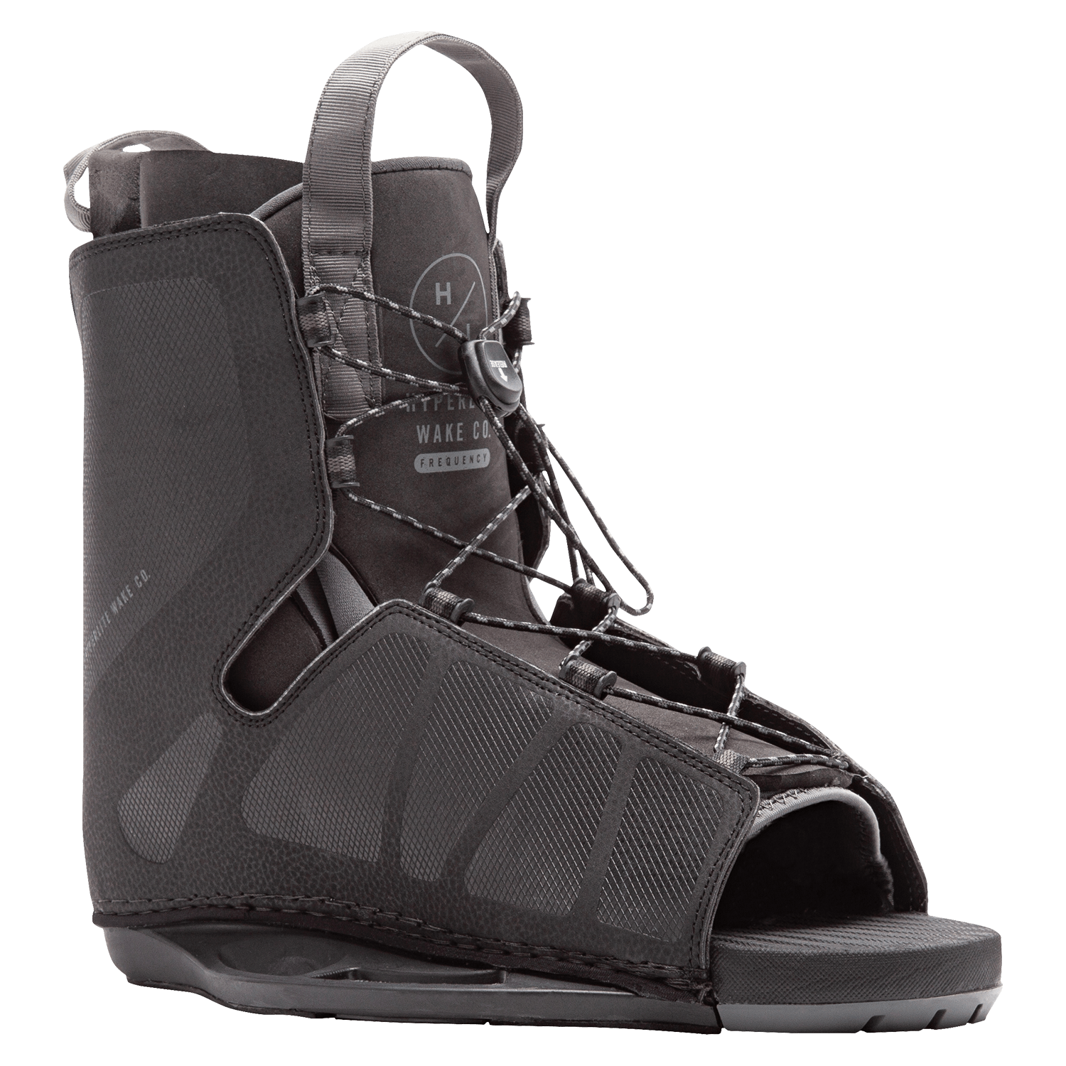 Frequency Binding: Black open-toe wakeboard boot with laces, straps & adjustable sizing.