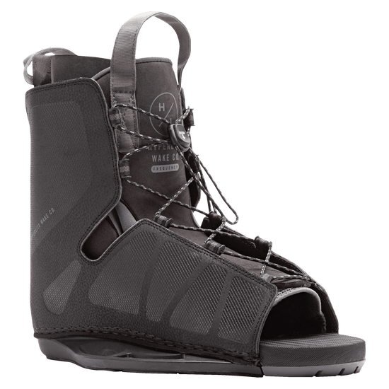Frequency Binding: Black open-toe wakeboard boot with laces, straps & adjustable sizing.