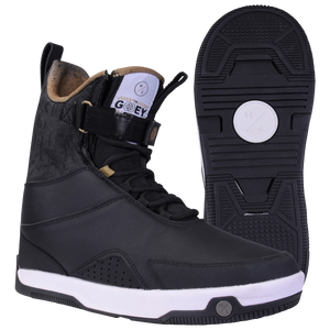 Gooey Boot: black/white snowboard boot, side and sole view shown.