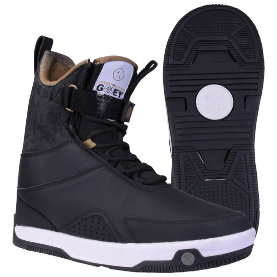 Gooey Boot: black/white snowboard boot, side and sole view shown.