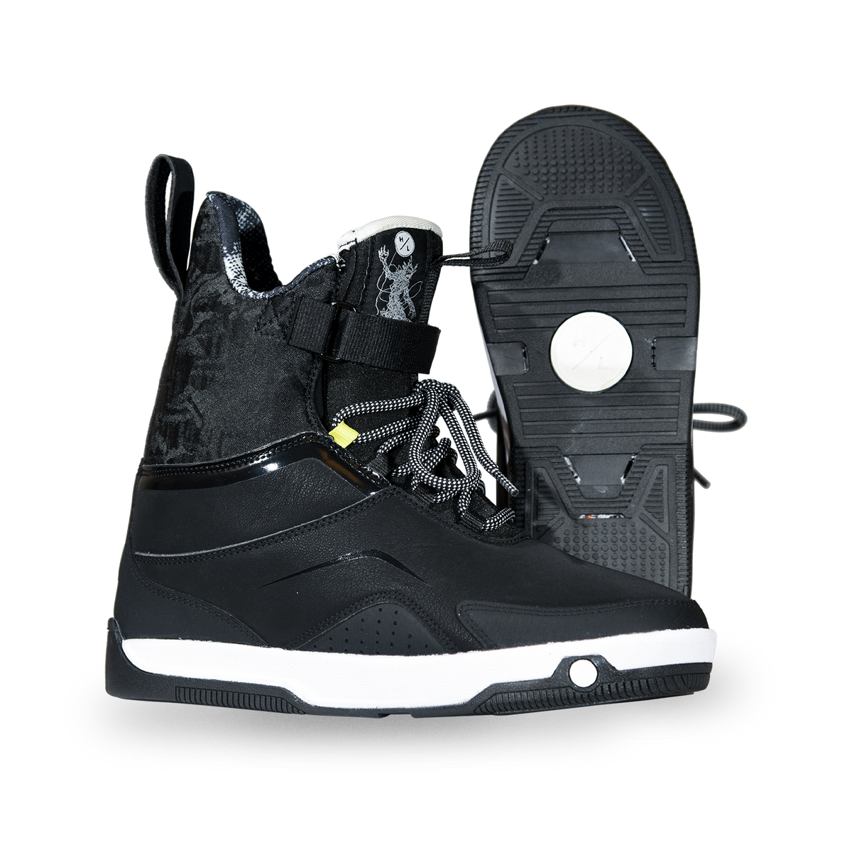 Side and base views of the black Gooey Boot with a mottled cuff, white-flecked laces, and black tread.