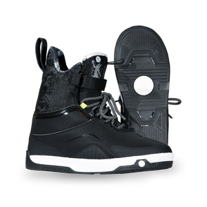 Side and base views of the black Gooey Boot with a mottled cuff, white-flecked laces, and black tread.