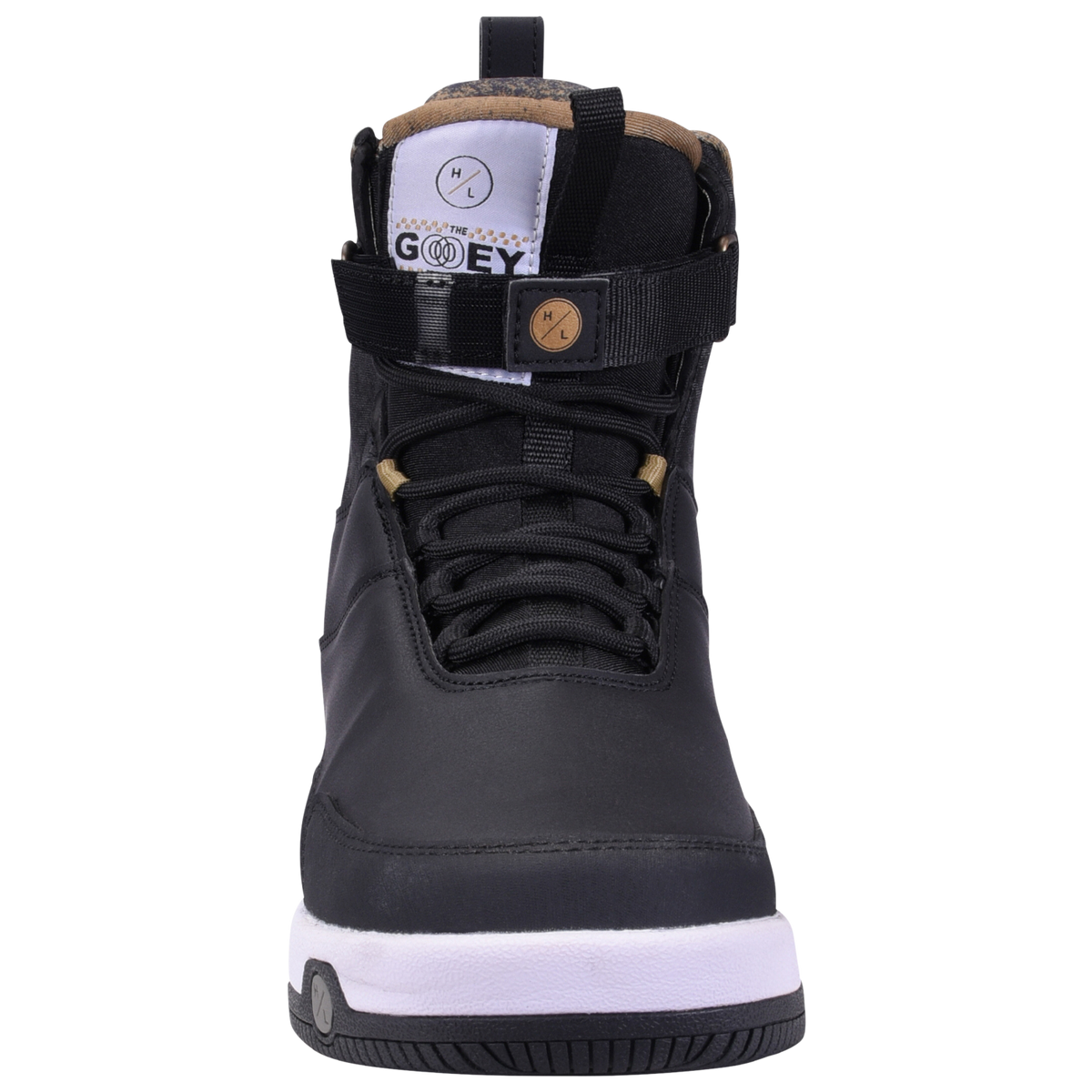 Gooey Boot high-top with laces, ankle strap, Trever Maur design shown from front view.