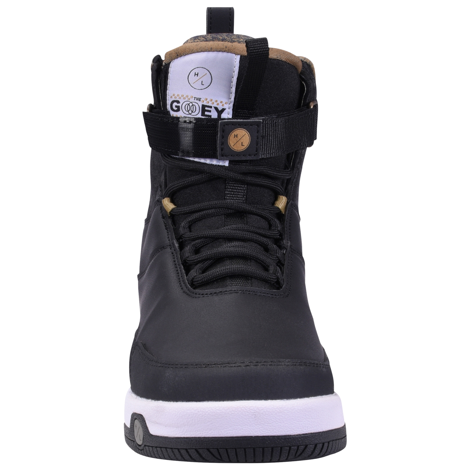 Gooey Boot high-top with laces, ankle strap, Trever Maur design shown from front view.