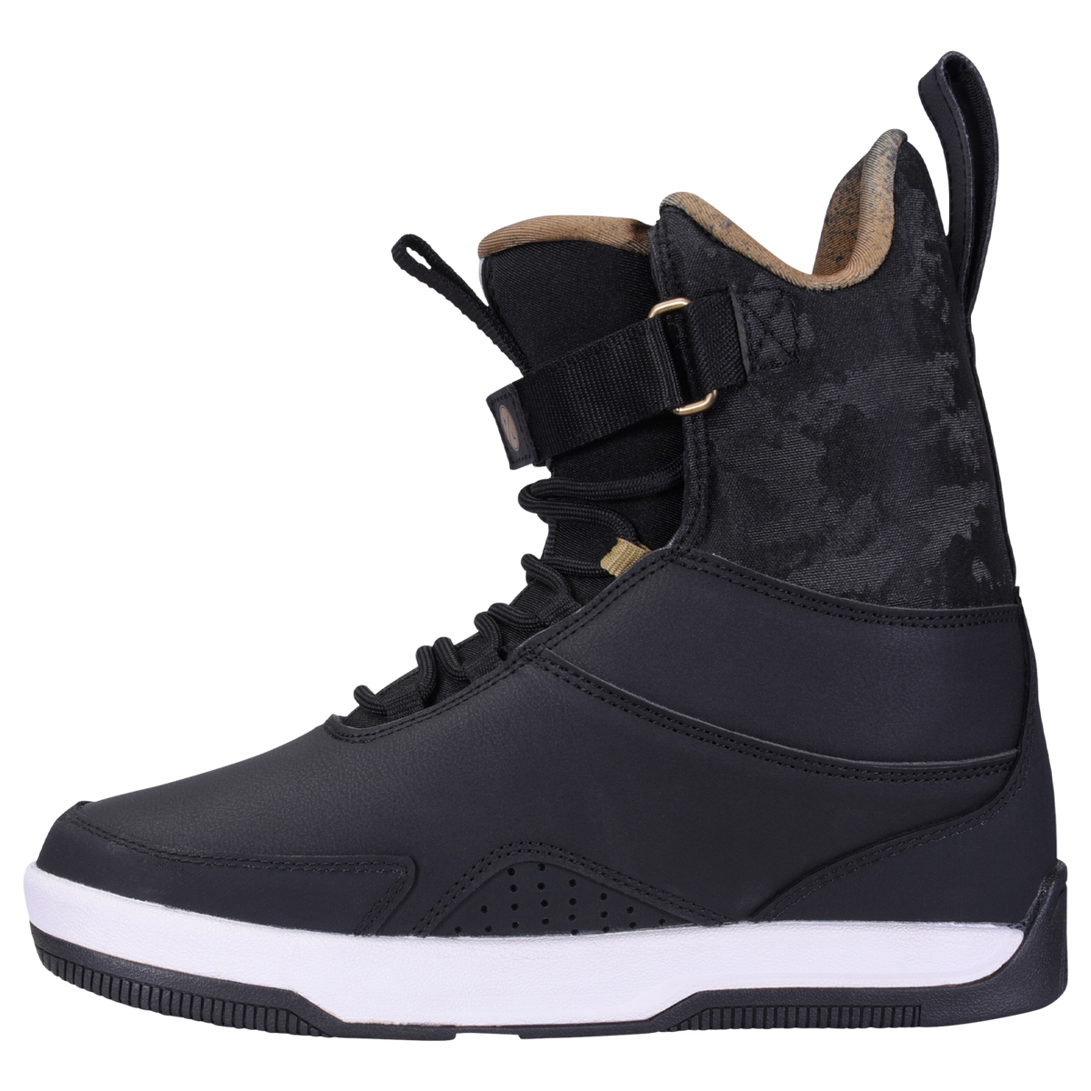 System Bindings Gooey Boot: Camo-pattern snowboard boot with white sole and lace-up front.