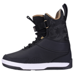 System Bindings Gooey Boot: Camo-pattern snowboard boot with white sole and lace-up front.