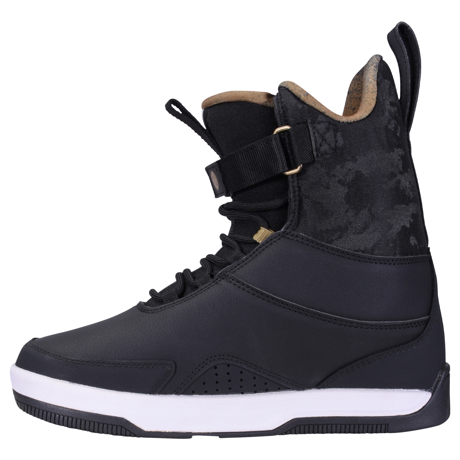 System Bindings Gooey Boot: Camo-pattern snowboard boot with white sole and lace-up front.