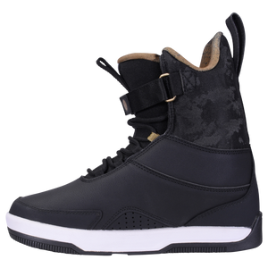 System Bindings Gooey Boot: Camo-pattern snowboard boot with white sole and lace-up front.