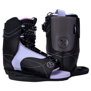 Eden Jr. w/Jinx Girls Bindings: Black/purple wakeboard boots with white stitching, asymmetrical design.