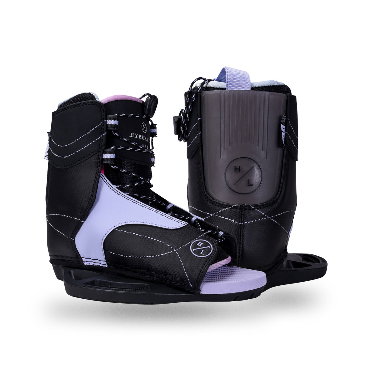 Side and back views of the black Jinx Girls Binding with lavender panels, pink lining, and an open toe.