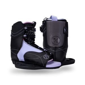 Side and back views of the black Jinx Girls Binding with lavender panels, pink lining, and an open toe.