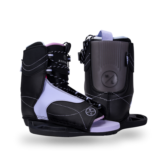 Side and back views of the black Jinx Girls Binding with lavender panels, pink lining, and an open toe.