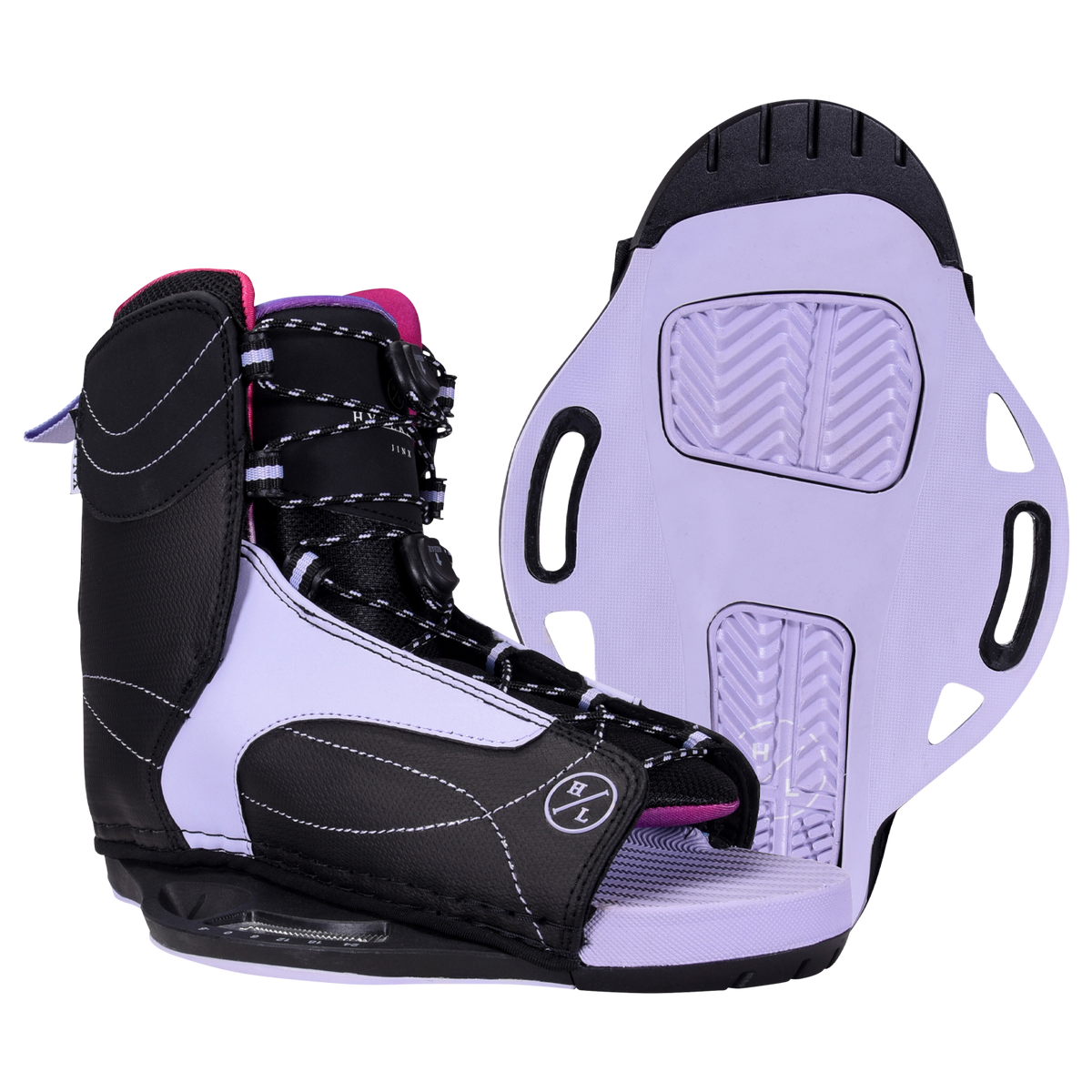 Jinx Binding: Purple/black adjustable bindings with textured sole, ideal for beginner-intermediate.