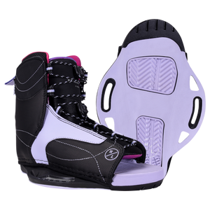 Jinx Binding: Purple/black adjustable bindings with textured sole, ideal for beginner-intermediate.