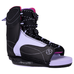 Jinx Binding in black and purple, white stitching, ideal for beginner to intermediate riders.