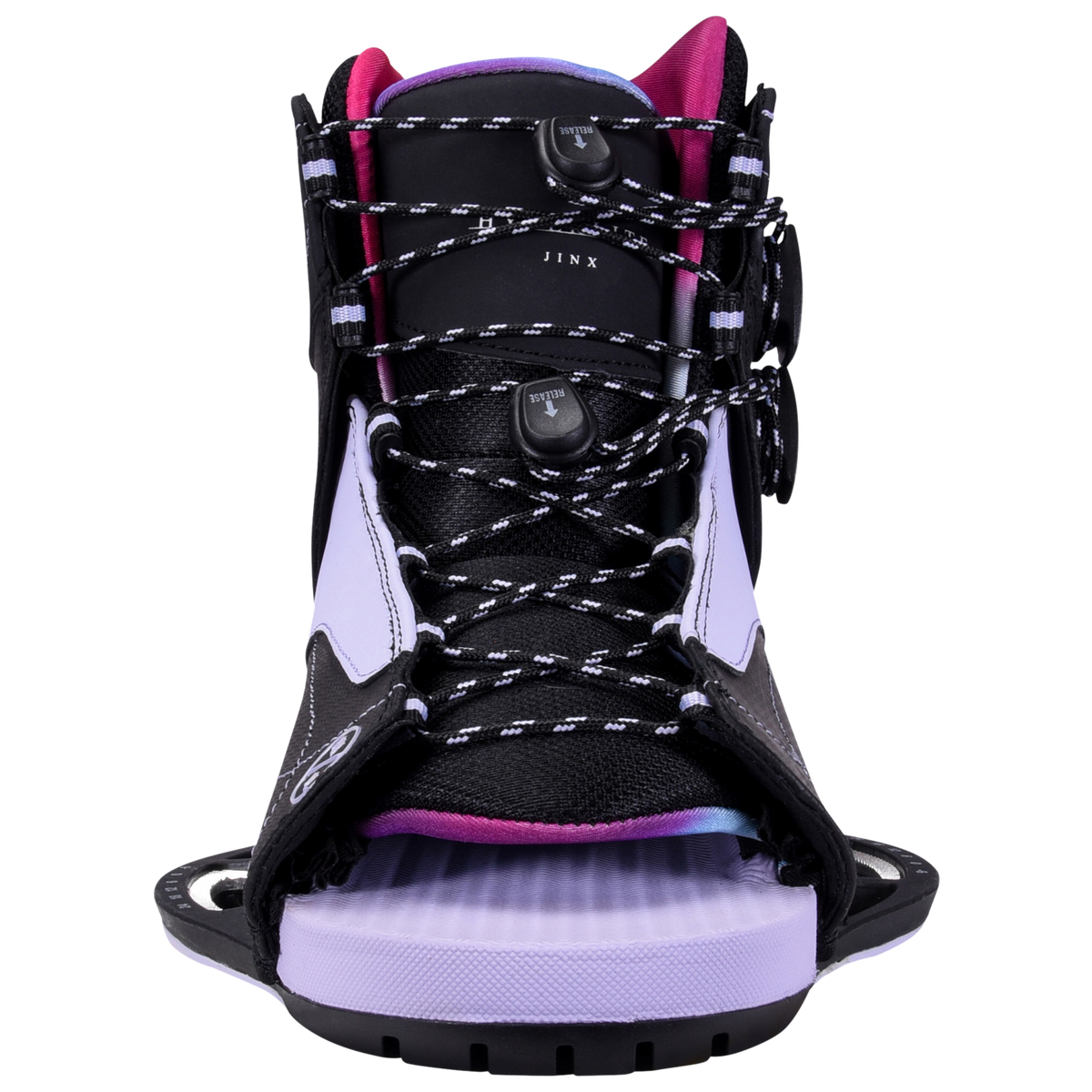 Front view of Jinx Binding, black/purple wakeboard boot with adjustable open toe.