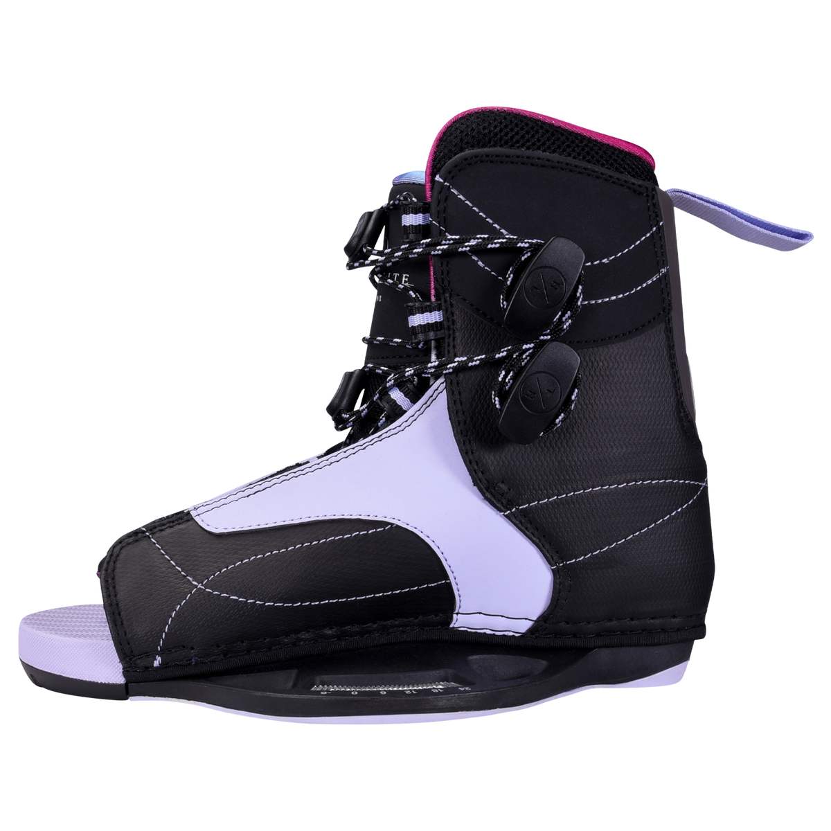 Jinx Binding: Black/purple open-toe with white stitching & adjustable straps.