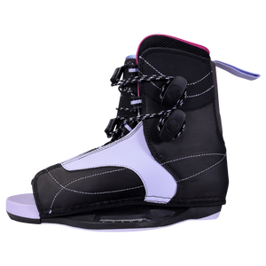 Jinx Binding: Black/purple open-toe with white stitching & adjustable straps.