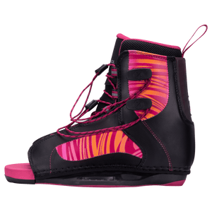 Jinx Girls - 2023: Pink & black open-toe boot for beginner to intermediate riders.