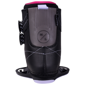 Jinx Binding: Black boot with white stitching, gray accents, perfect for beginner riders.