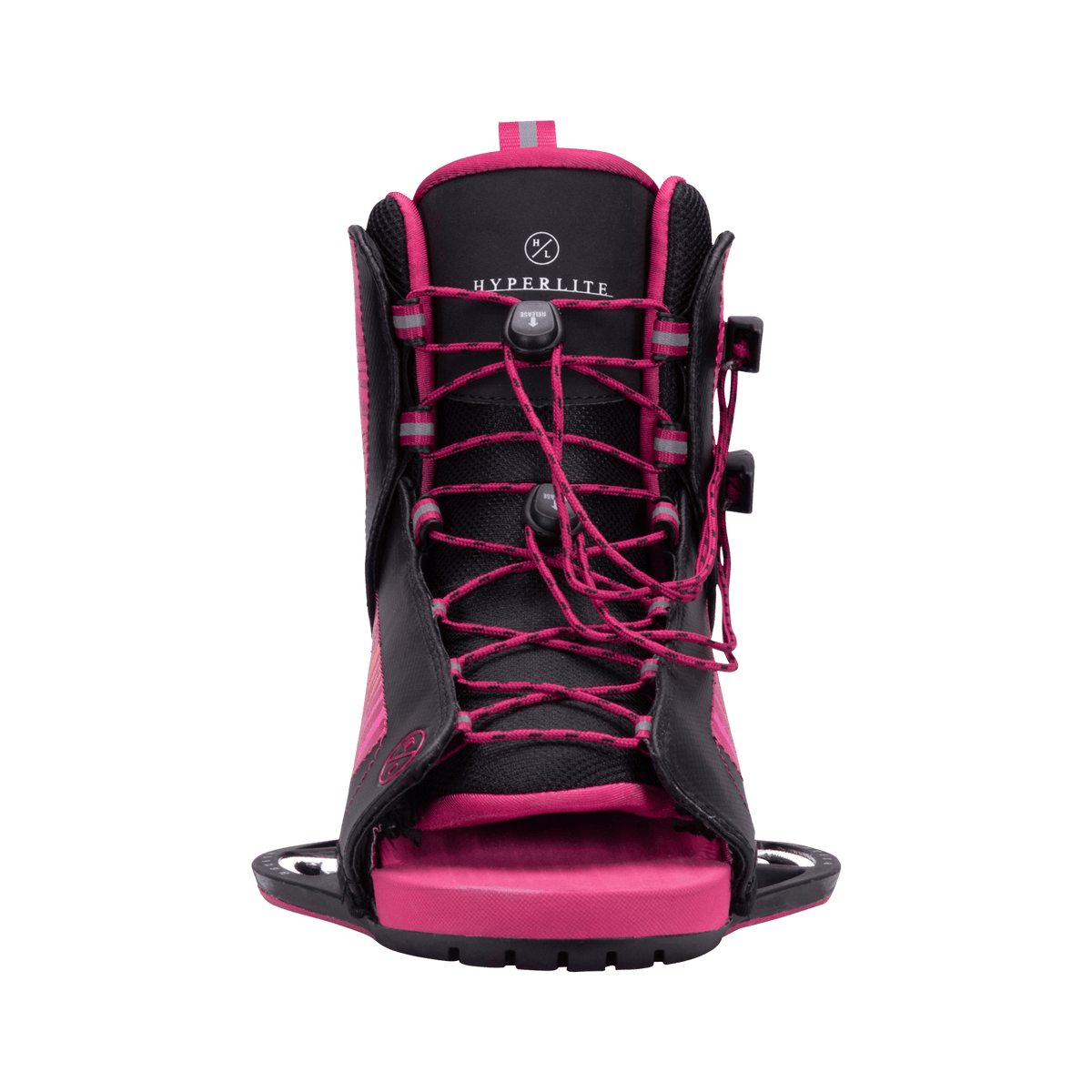 Jinx Girls - 2023: Black/pink adjustable wakeboard boot with laces for beginner/intermediate riders.