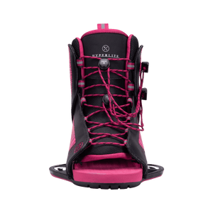 Jinx Girls - 2023: Black/pink adjustable wakeboard boot with laces for beginner/intermediate riders.