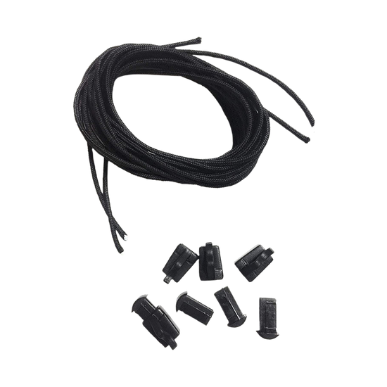 Black Binding Laces with 6 plastic cord locks, perfect for securing.