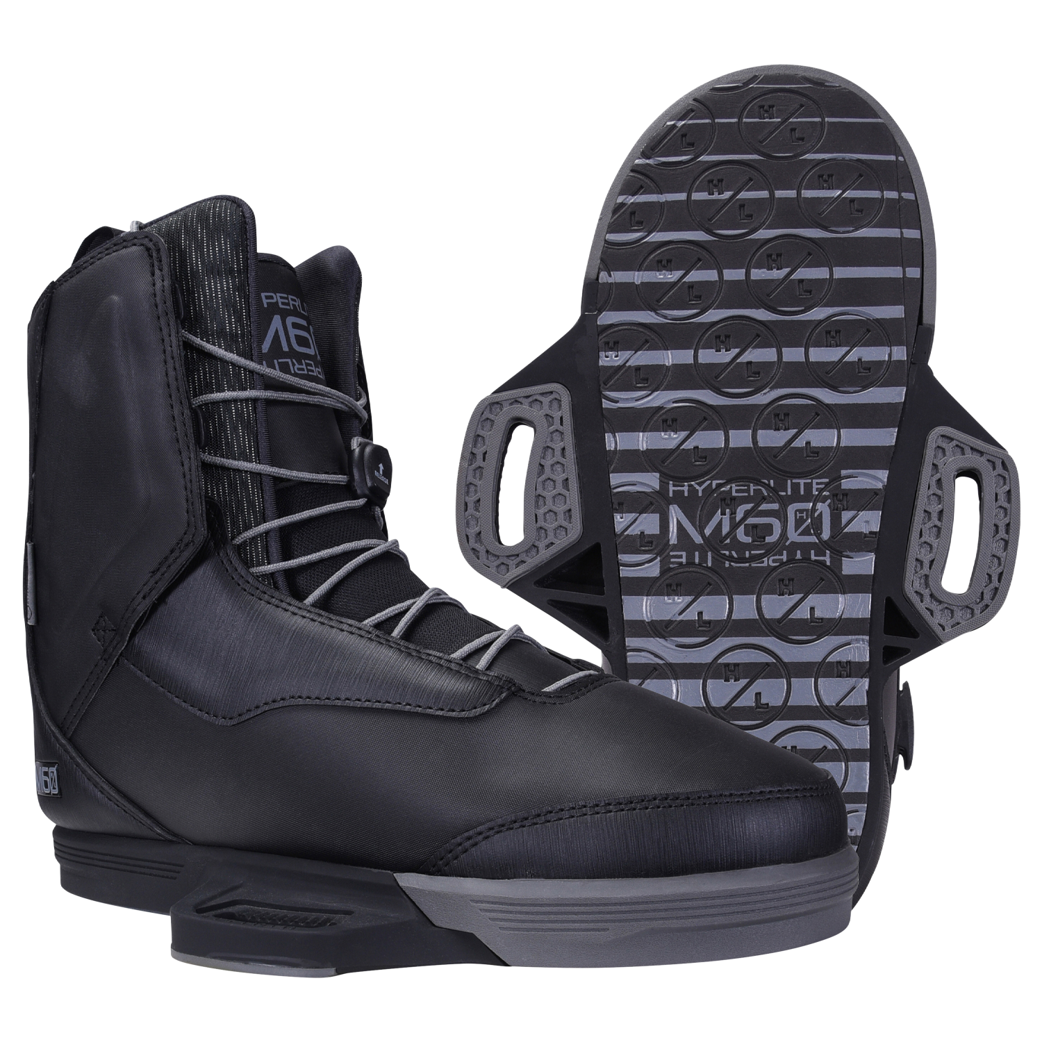 Black M60 Binding boots, one upright and one showing sole pattern; bomb-proof construction.