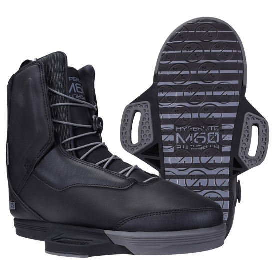 Black M60 Binding boots, one upright and one showing sole pattern; bomb-proof construction.