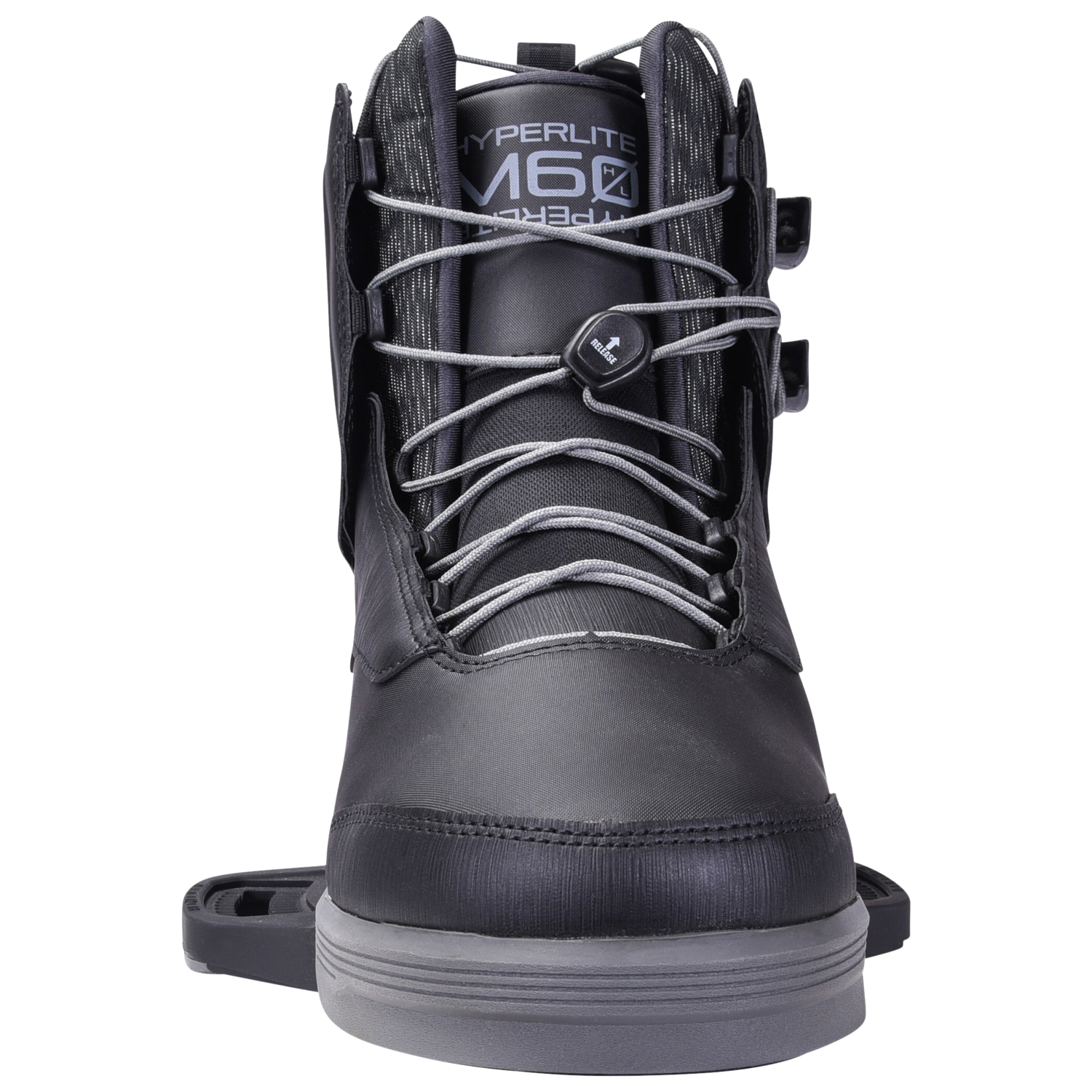Front view of black and gray M60 Binding with heavy-duty laces.