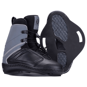 Optic Jr. Binding: black & gray snowboard boots with closed toe & unique patterned soles.
