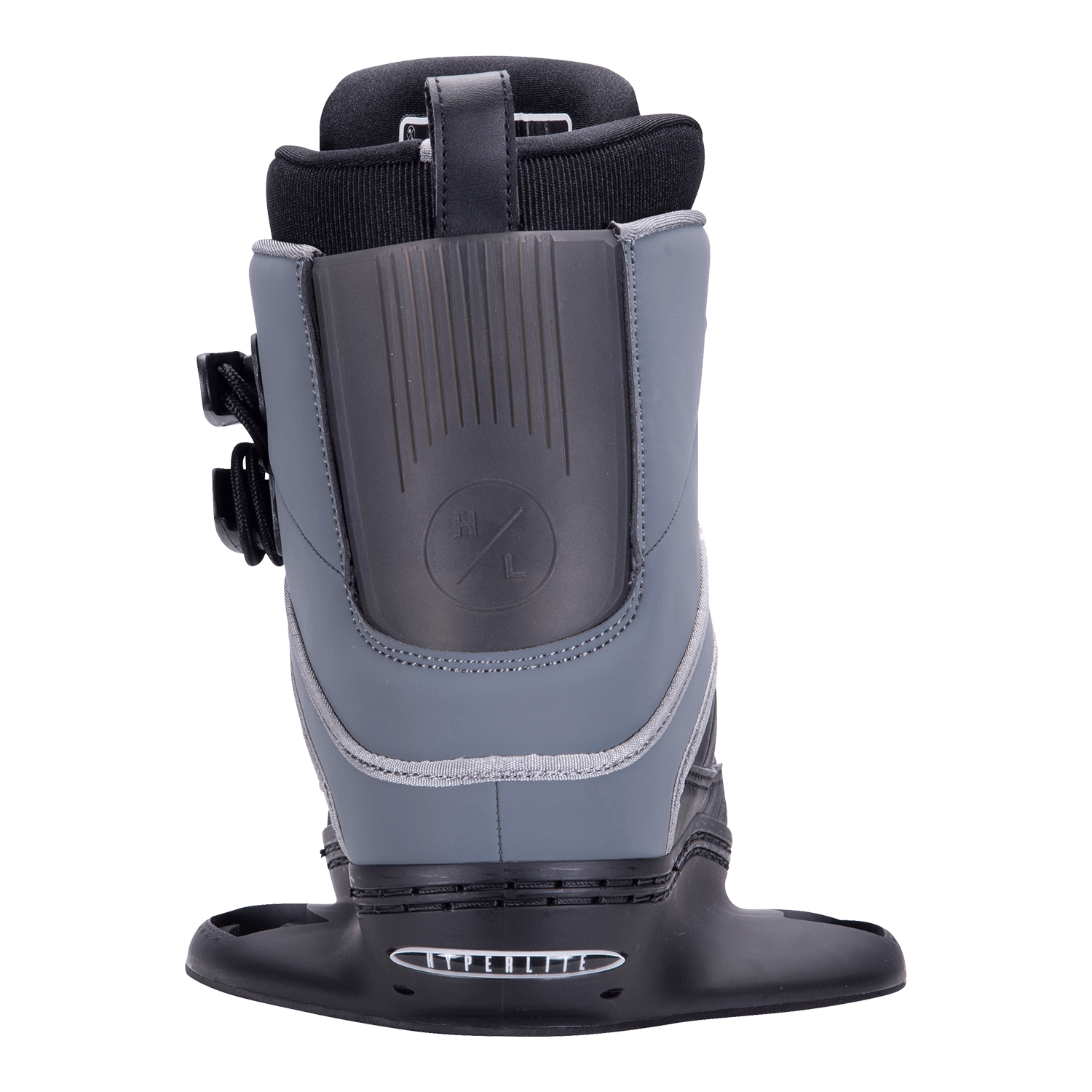 Gray snowboarding boot with black buckles and an Optic Jr. Binding.
