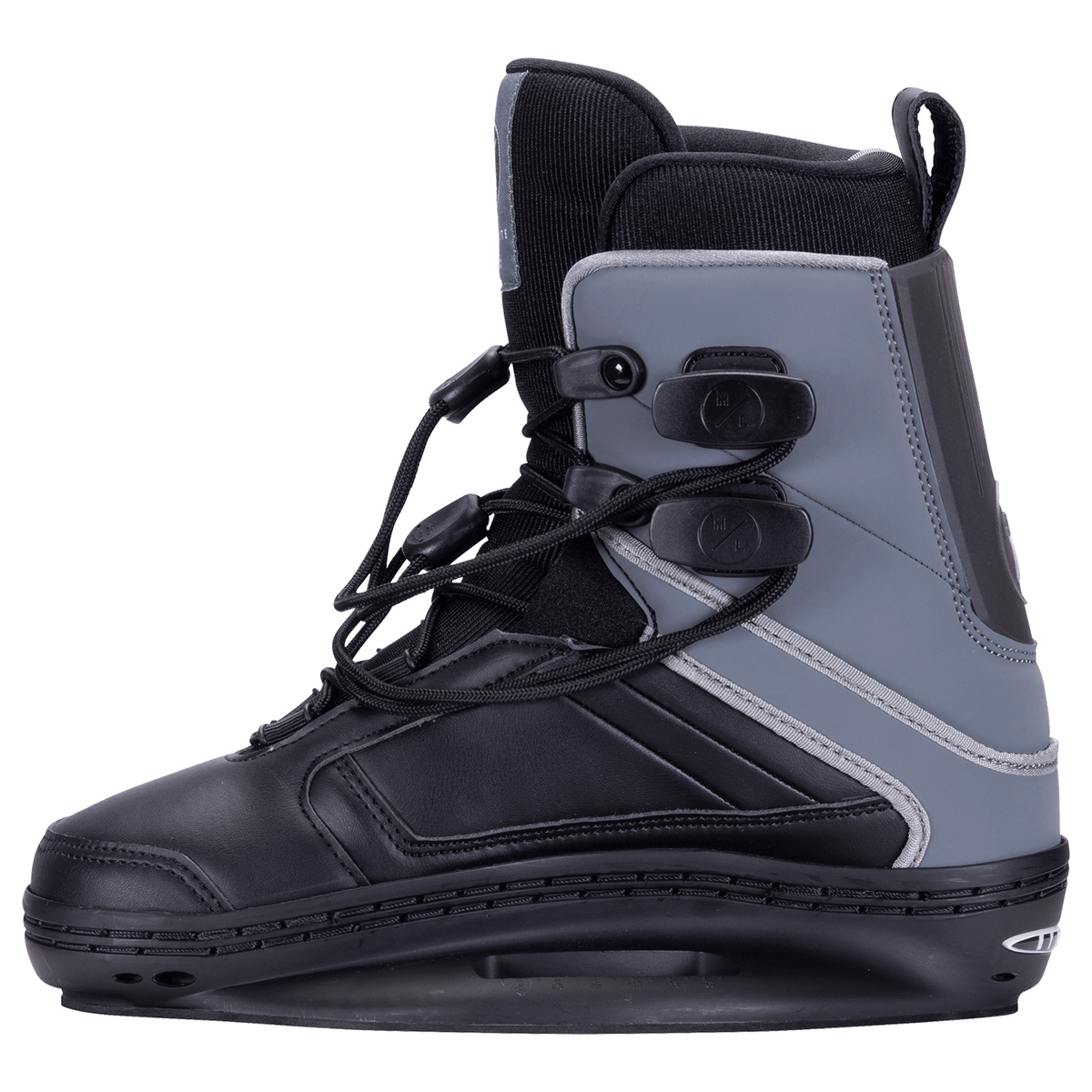 Optic Jr. Binding: Black/gray snowboard boot, laces, buckles, closed toe.