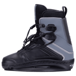 Optic Jr. Binding: Black/gray snowboard boot, laces, buckles, closed toe.