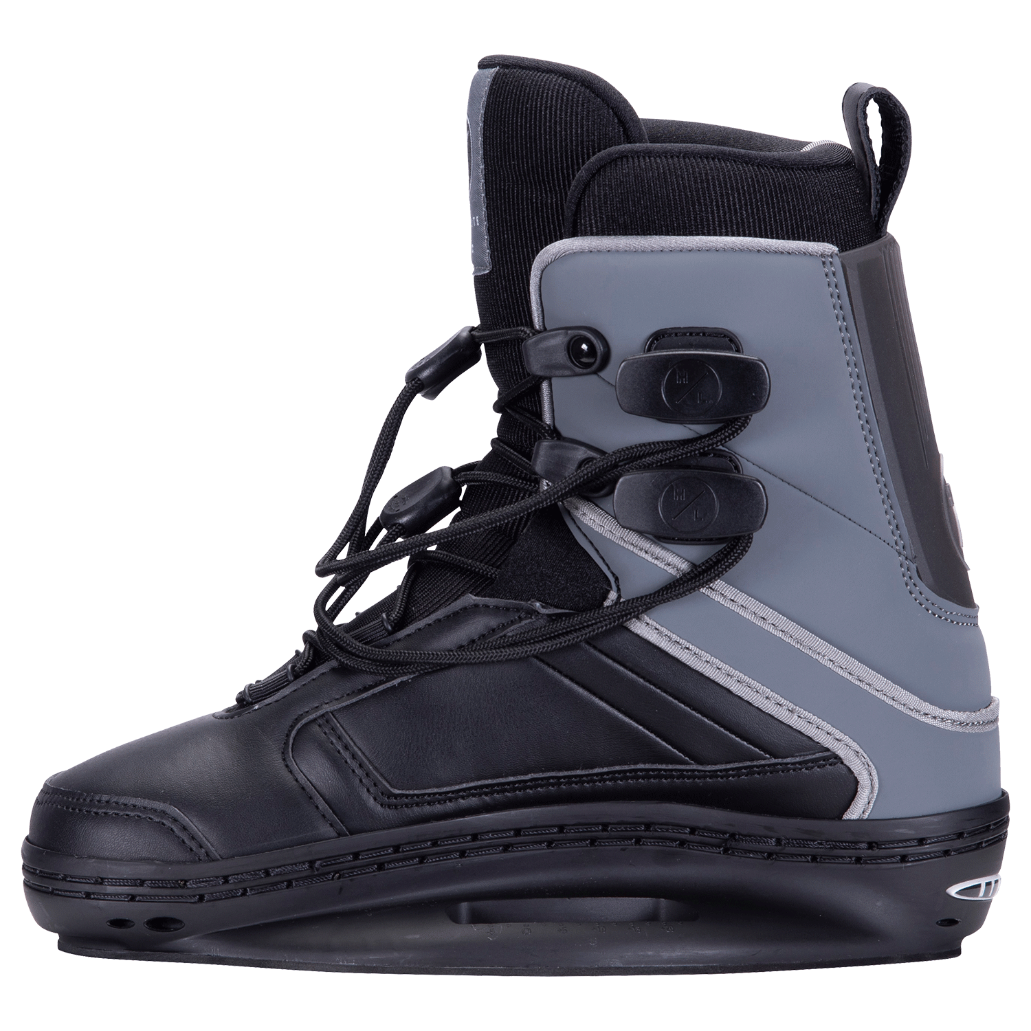 Optic Jr. Binding: Black/gray snowboard boot, laces, buckles, closed toe.