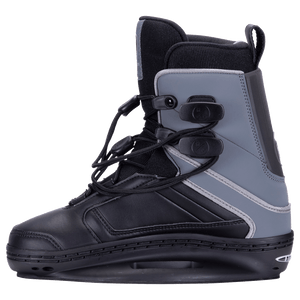 Optic Jr. Binding: Black/gray snowboard boot, laces, buckles, closed toe.