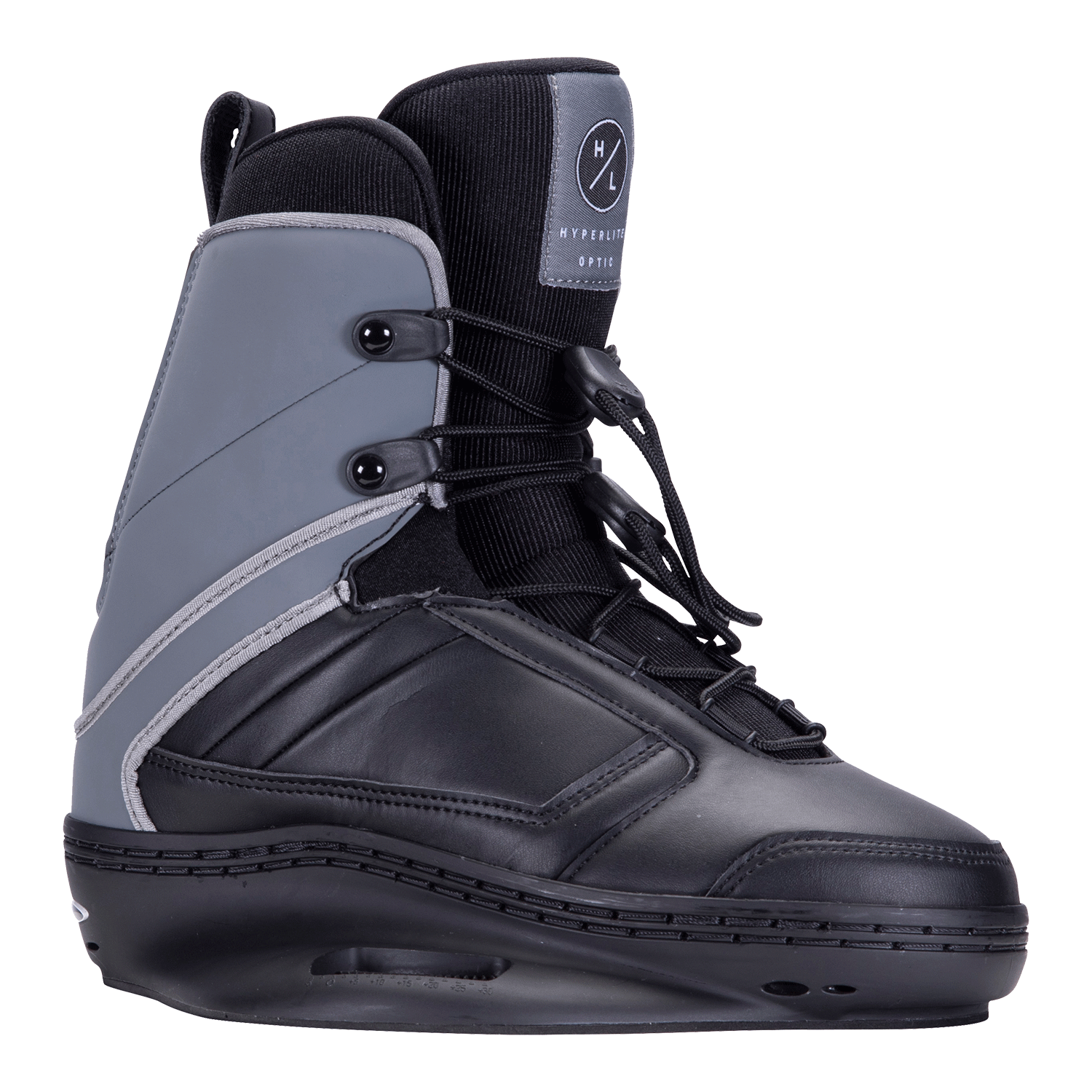 Optic Jr. Binding: Black/gray wakeboard boot, laced, closed toe, branded logo.