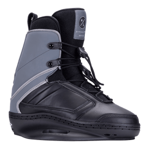 Optic Jr. Binding: Black/gray wakeboard boot, laced, closed toe, branded logo.