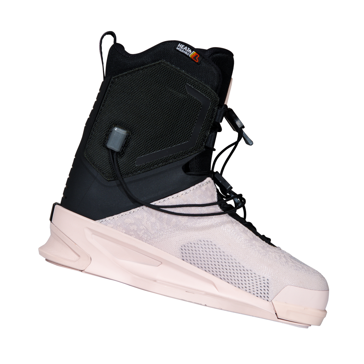 Angled view of the Ora Binding with a black mesh cuff, pale pink textured toe, and a sculpted pink base.