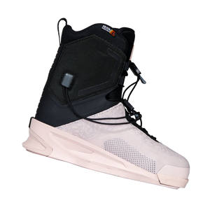 Angled view of the Ora Binding with a black mesh cuff, pale pink textured toe, and a sculpted pink base.
