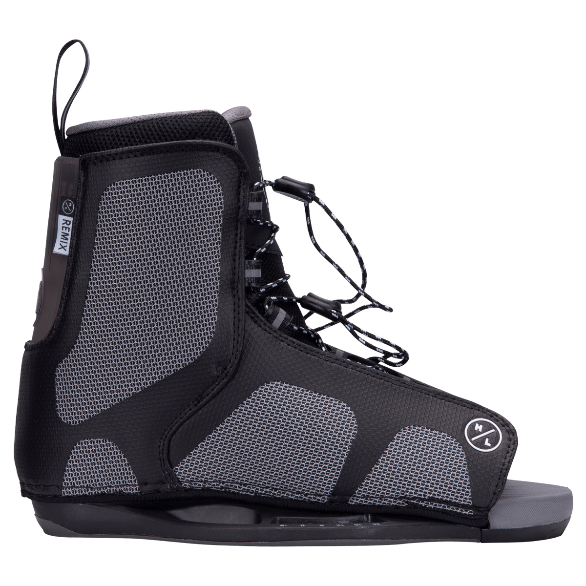 Gray/black Sender wakeboard boot w/mesh panels, laces & Remix Binding visible from side.
